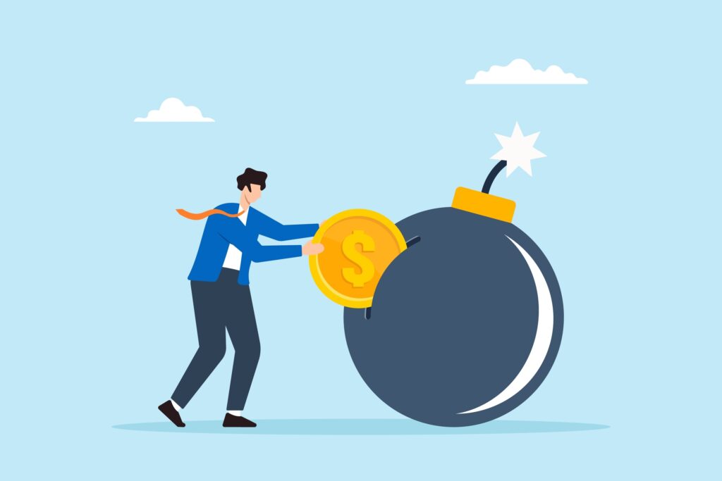 Flat illustration of businessman places dollar coin into ticking debt bomb symbolizing paying off financial obligations from faulty lending processes.