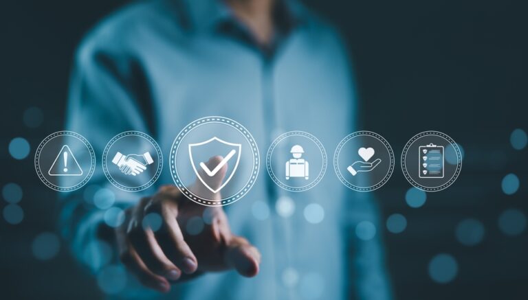 A person with work safety and compliance icons, including a shield, hard hat, checklist, workplace safety, health protocols, and regulatory compliance